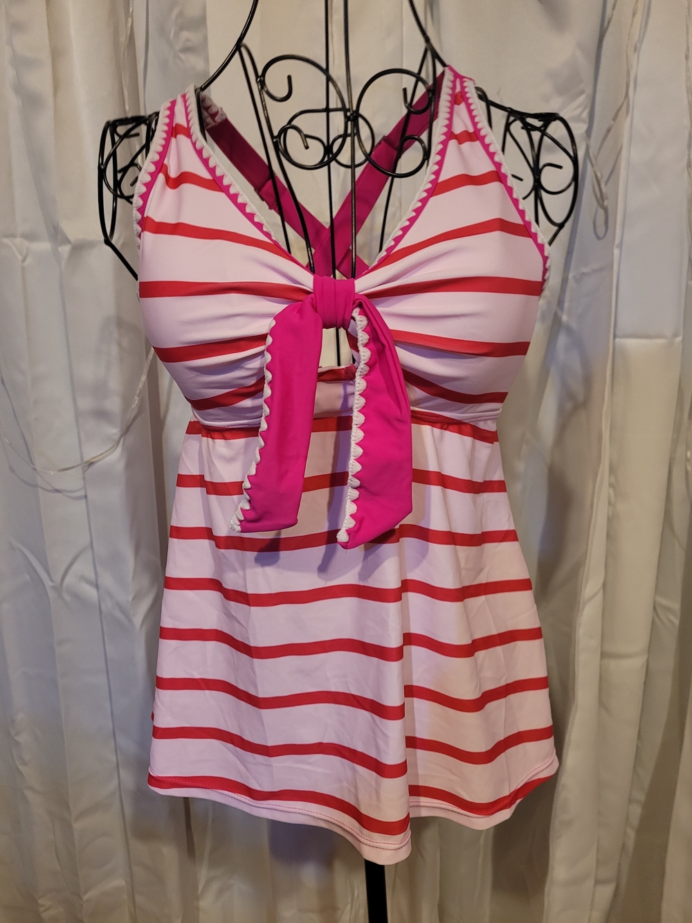 Amazon Pink and Red Striped Tankini with Front Tie